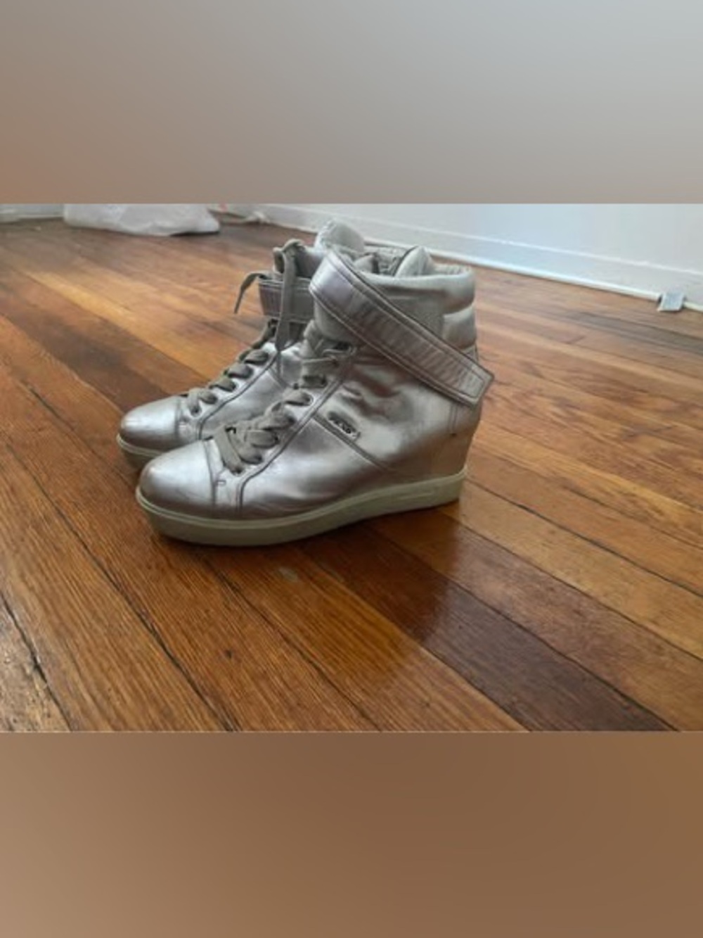 PRADA Metallic Silver Wedge Sneaker for Women 39 9